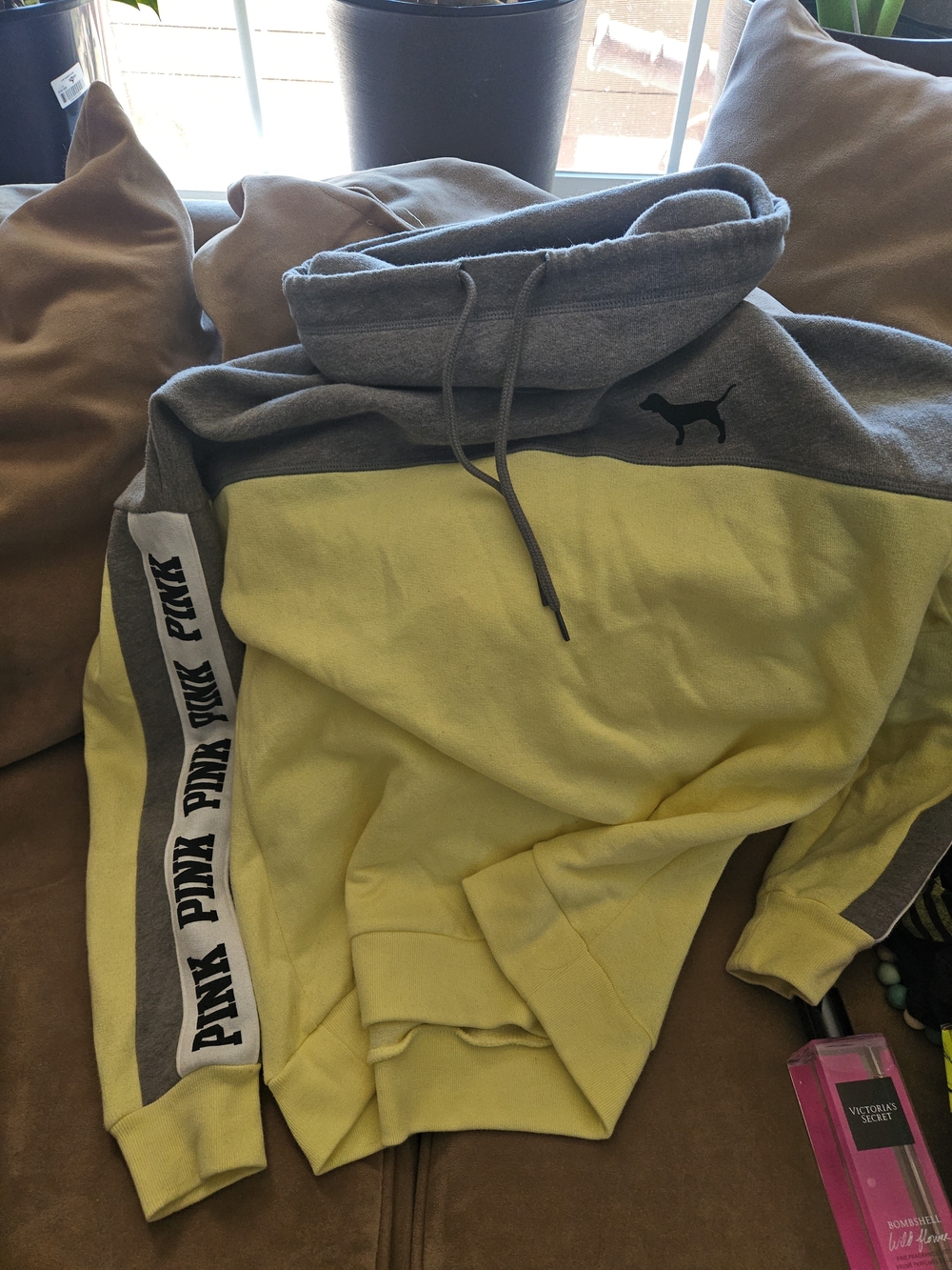 PINK Victoria's Secret Two-Tone Gray and Light Yellow Pullover Hoodie